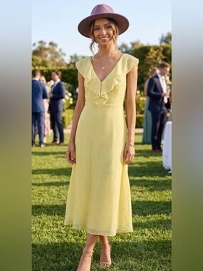 Ann Taylor Spring Ruffle Yellow Daisy Dress 10 Sleeveless Comfy Flow class event